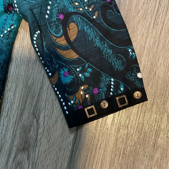 Trenz by Theresa Renz Silk Cardigan Artsy Floral Jacket Wood Buttons‎ Size Large - Picture 3 of 9